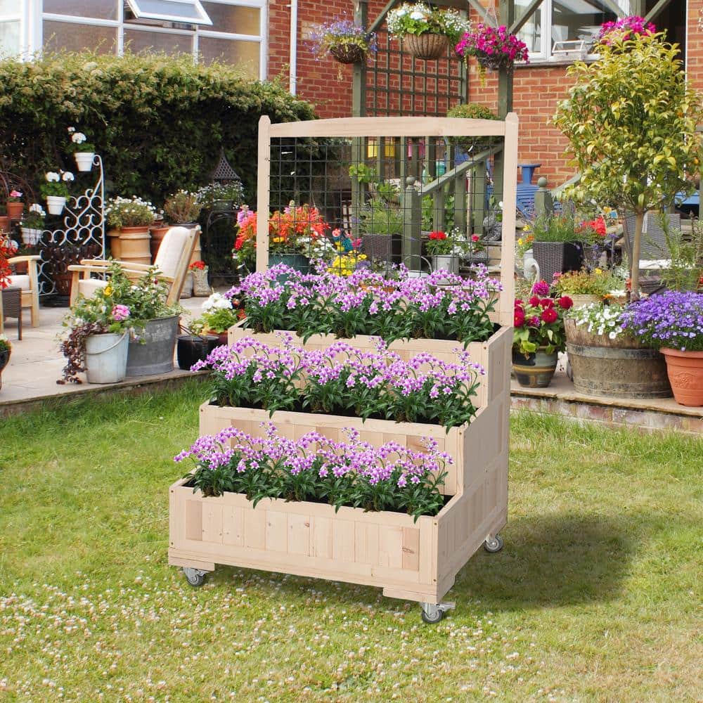Natural Wood 3-Tier Raised Garden Bed with Trellis and Wheels