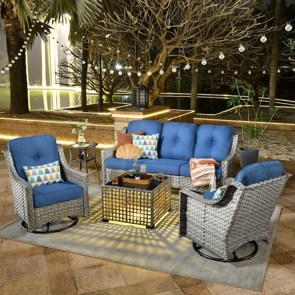 OVIOS Palffy Gray 5-Piece Wicker Patio Conversation Seating Set with Diamond Blue Cushions Swivel Rocking Chairs