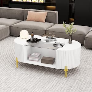 White Modern Luxury Fluted Coffee Table, 47.2 in. Oval Coffee Table with 2 Drawers, Center Table for Living Room