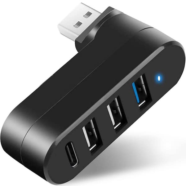 4-Port USB 3.0 Hub with 3 USB-A and 1 USB-C Port, 90°/180° Rotatable, for Laptop, Car, iMac, MacBook in Black