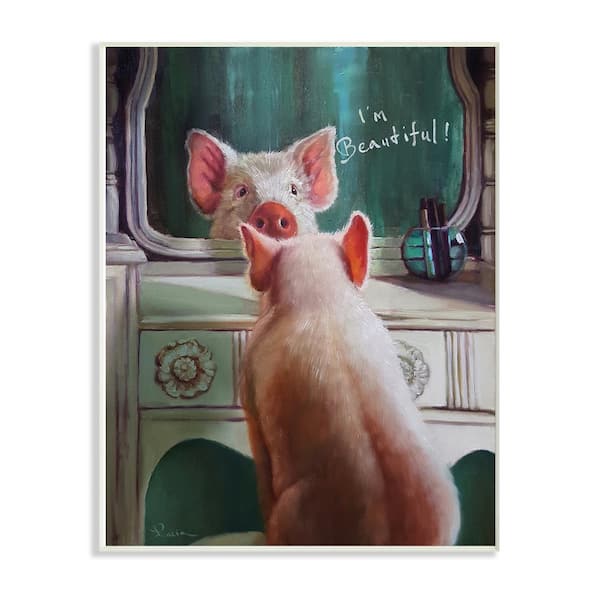 Stupell Industries 10 in. x 15 in. "I'm Beautiful Painted Pig in Mirror Illustration" by Artist Lucia Heffernan Wood Wall Art