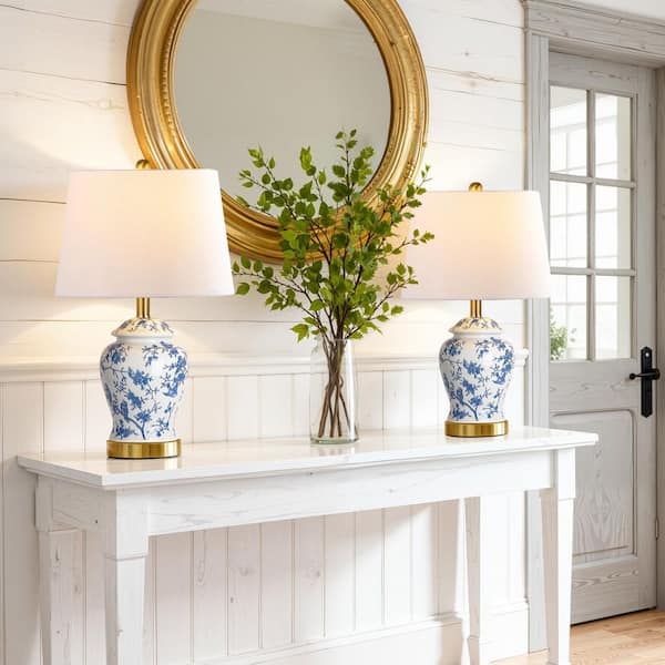 ROTTOGOON 22 in. Blue and White Chinoiserie Ceramic Table Lamp Set