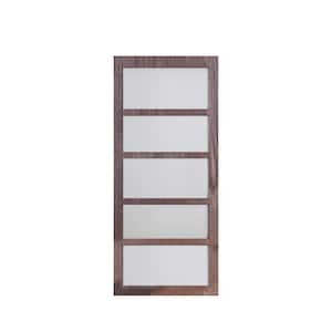 36 in. x 84 in. Five Pane Frosted Glass Full Lite Dark Walnut Assembled Solid Natural Pine Wood Barn Door Slab w/ Frame