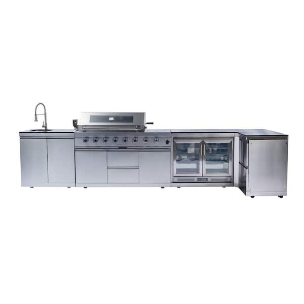 58 in. 6-Burner 96000 BTU Propane Gas Grill Island Outdoor Kitchen with Refrigerator, Sink in Silver Stainless Steel