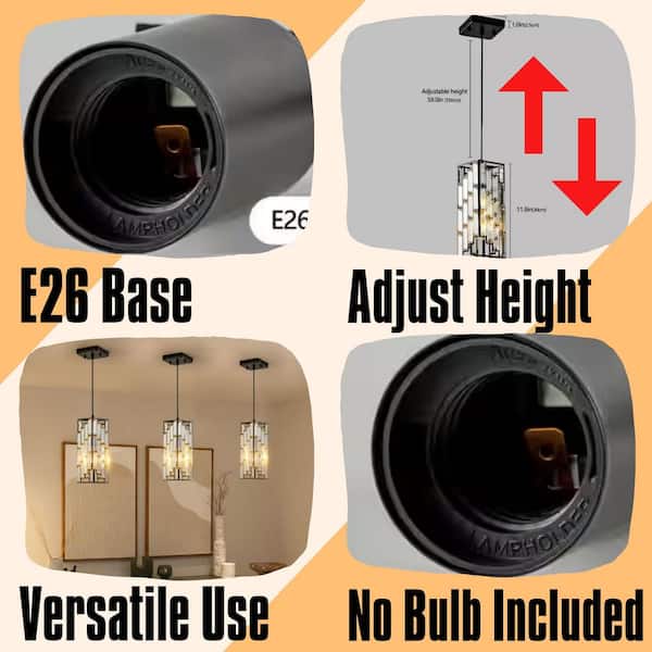 Lustrous Series 3 Pack 1-Light Black Finish Crystal Prism Pendant Cylindrical Chandelier for Kitchen Island