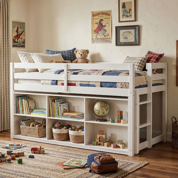 White Twin Loft Bed with Guardrails, Ladder, Storage Shelves and Underbed Play Space