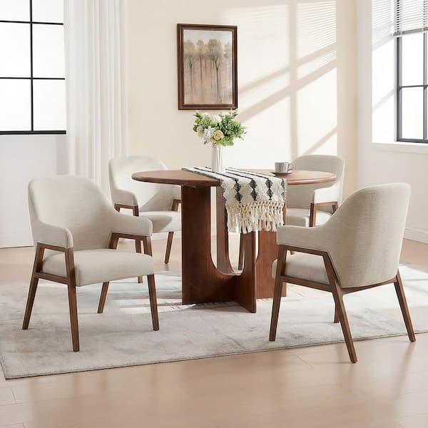 Strength Beige + Walnut Fabric Upholstered Dining Chairs with Armrests, Wood Frame, Set of 4