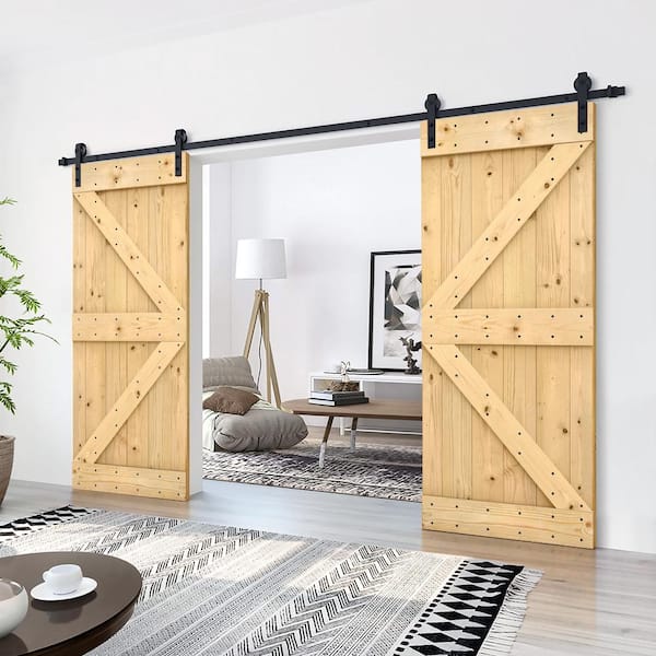 60 in. x 84 in. Unfinished Solid Core Knotty Pine Sliding Barn Door with Hardware Kit