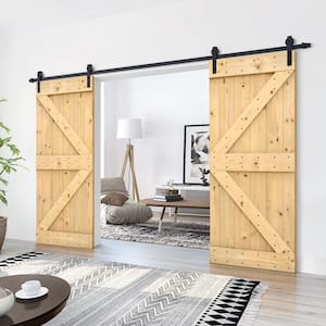 72 in. x 84 in. Unfinished Solid Core Knotty Pine Sliding Barn Door with Hardware Kit