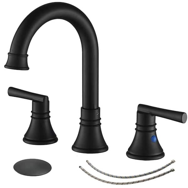Unbranded 8 in. Widespread Double Handle Bathroom Faucet with Drain Assembly 3 Hole Brass Bathroom Sink Taps in Matte Black
