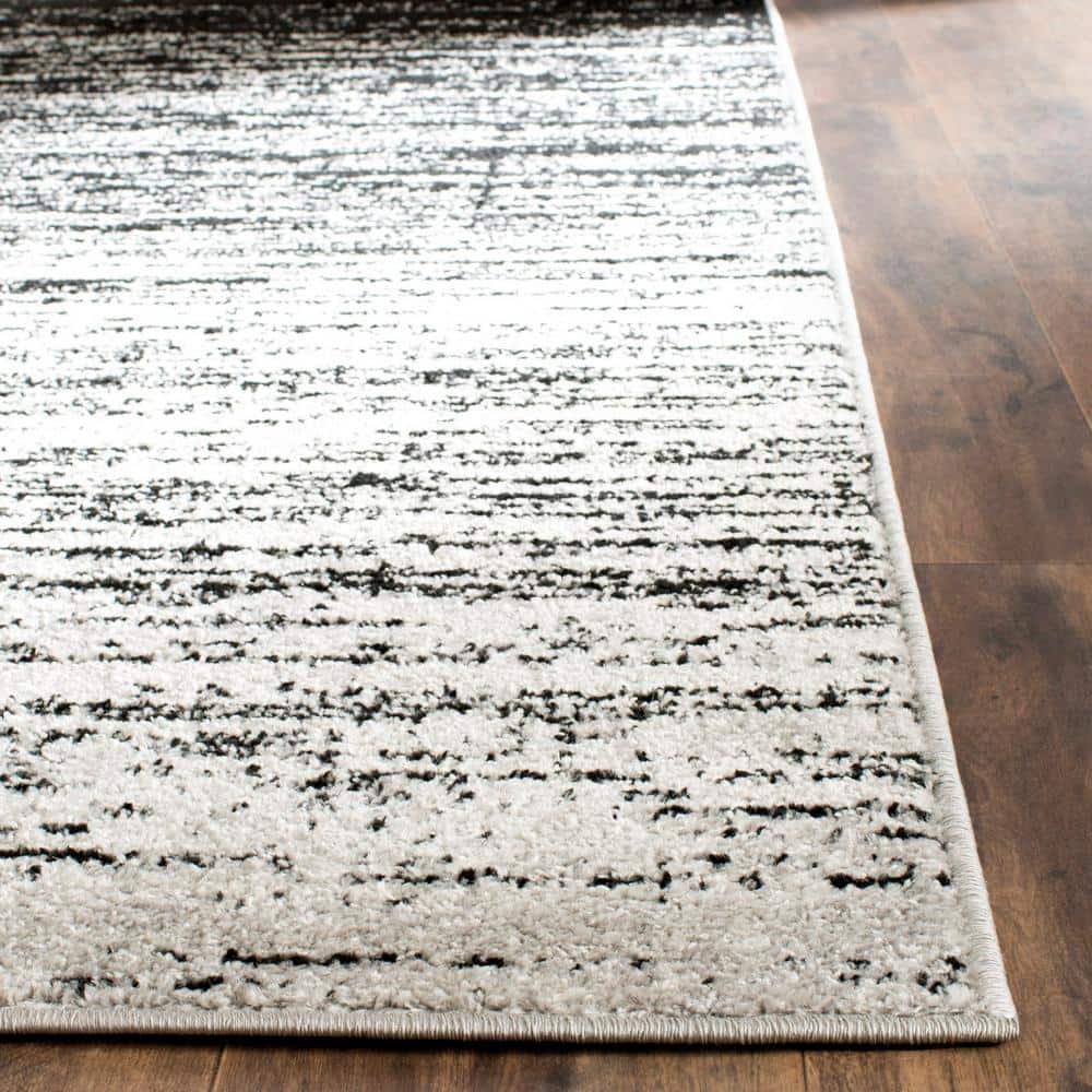 Silver and Black Striped Synthetic Square Area Rug