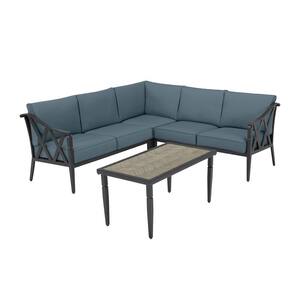 Harmony Hill 3-Piece Black Steel Outdoor Patio Sectional Sofa with Sunbrella Denim Blue Cushions