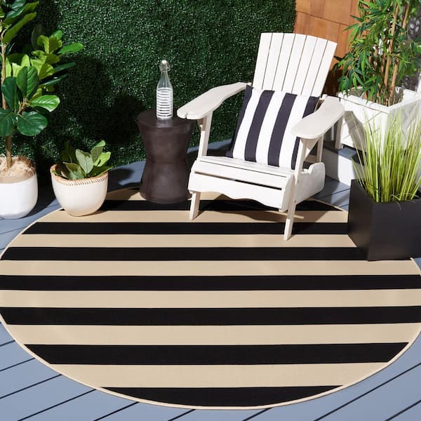 Courtyard Beige/Black 7 ft. x 7 ft. Awning Stripe Indoor/Outdoor Round Area Rug