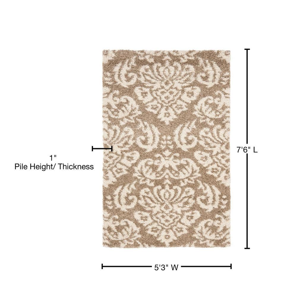 Beige and Cream Floral Shag Synthetic Area Rug