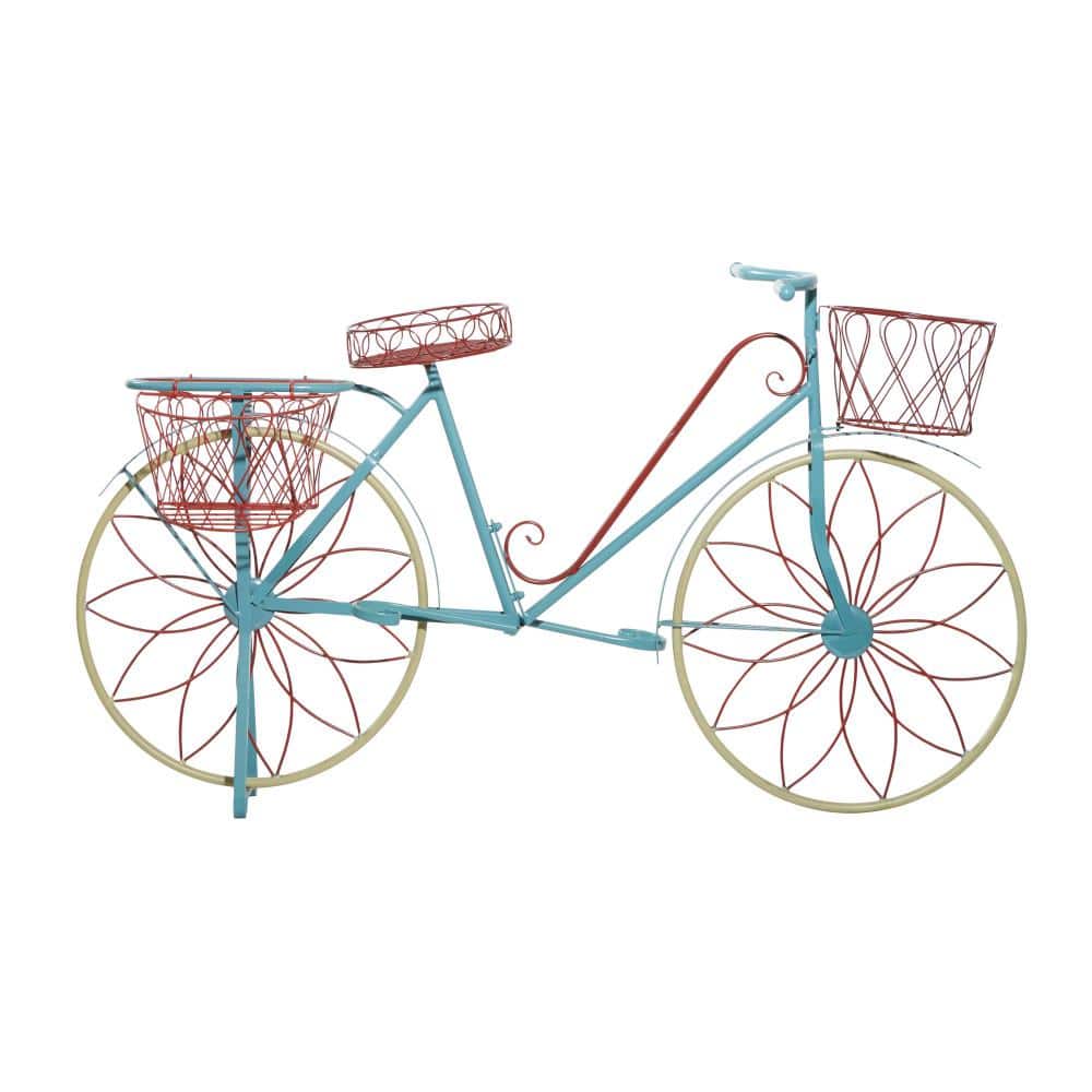 Vintage Blue and Red Metal Bicycle Plant Stand with Baskets