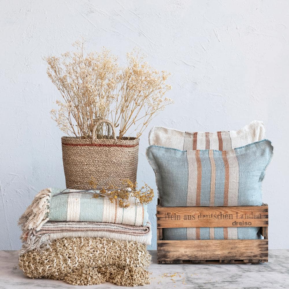 20" Blue and Beige Linen Striped Pillow with Fringe
