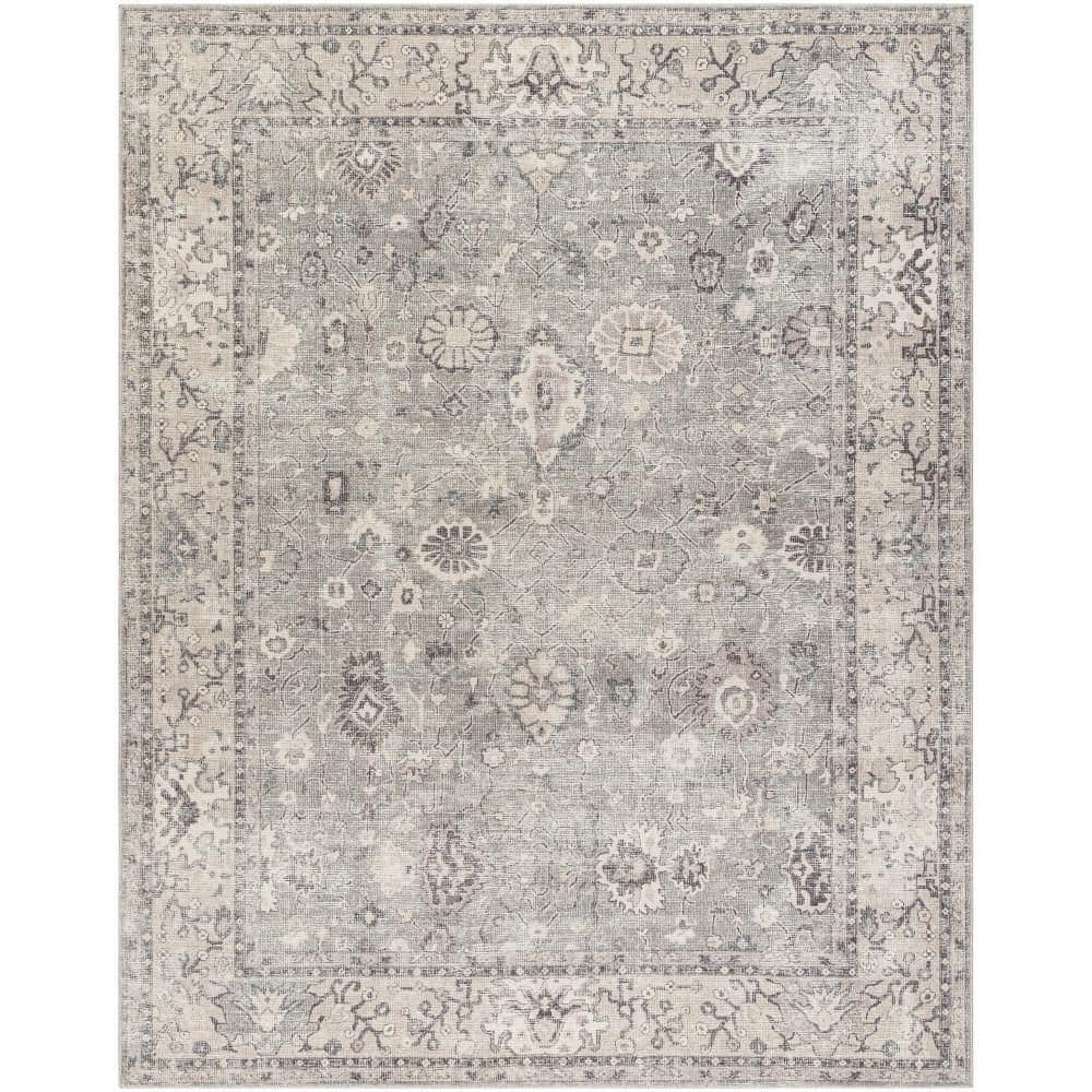 Davina Vintage-Style Floral Motif Area Rug in London Fog, 6'7" x 9'