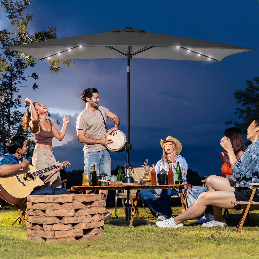 Gray Rectangular Steel Solar LED Patio Umbrella with Hand Crank