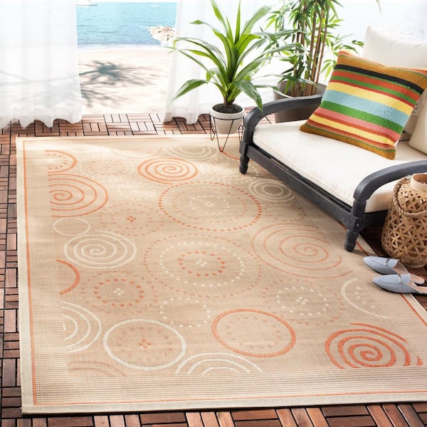 Courtyard Natural/Terracotta 7 ft. x 7 ft. Square Border Indoor/Outdoor Patio  Area Rug