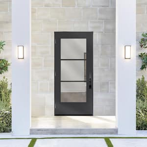 Legacy 36 in. x 80 in. Icon 3 Lite Modern Clear Glass RHOS Black Fiberglass Prehung Front Door