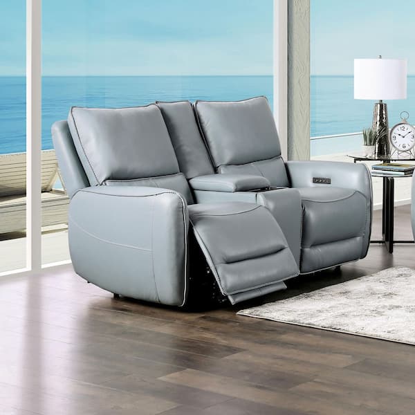 Furniture of America Elvera 74 in. Pale Blue Leather 2-Seater Power Loveseat with Armrests
