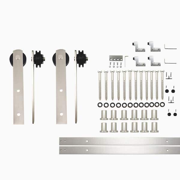 HOMACER 16 ft./192 in. Brushed Nickel Non-Bypass Sliding Barn Door Hardware Kit Straight Design Roller for Double Doors