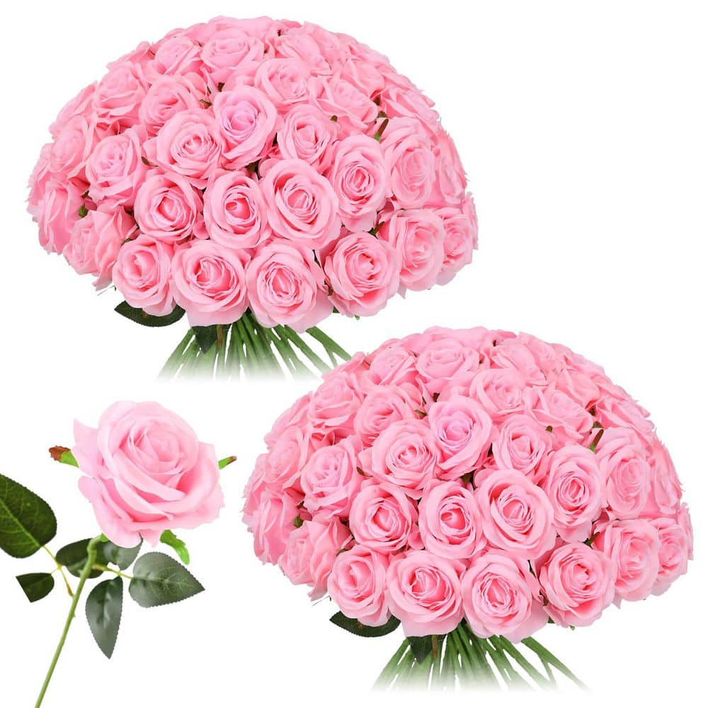 19.6 in. Pink Outdoor Artificial Rose Plastic Flower for Decoration 50 ...