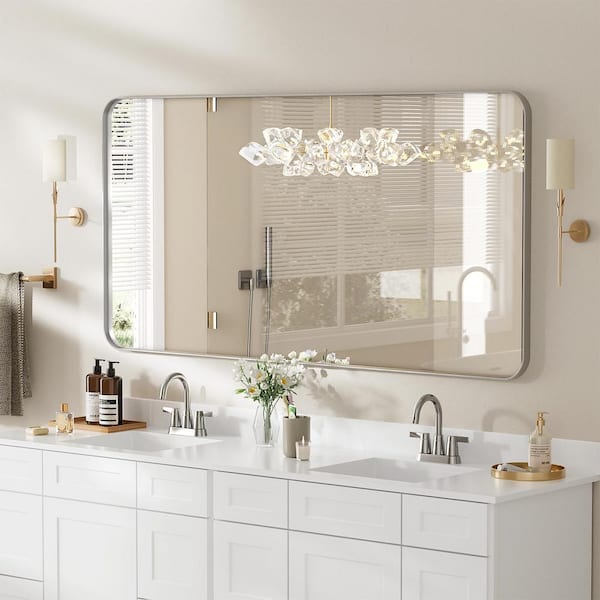 HOMEIBRO 48 in. W x 30 in. H Tempered Glass Rounded Rectangle Framed Wall-Mounted Bathroom Vanity Mirror in Silver