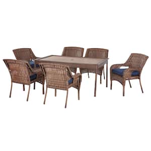 Cambridge 7-Piece Brown Wicker Outdoor Patio Dining Set with CushionGuard Midnight Navy Blue Cushions