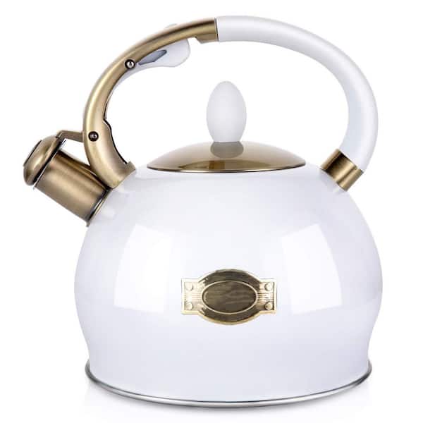 10-Cup White Stove Top Whistling Tea Kettle, Food Grade Stainless Steel with Cool Touch Handle, Fast Boiling
