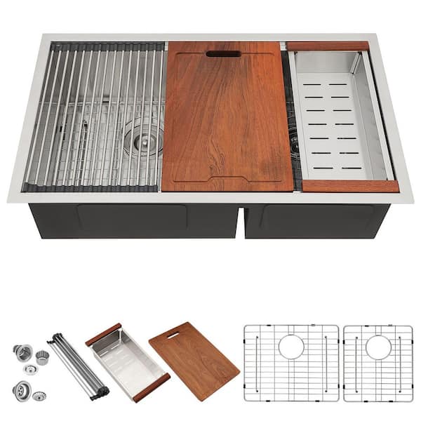 LORDEAR 33 in.Undermount Workstation Double Bowl（60/40) 16-Gauge Stainless Steel Kitchen Sink with Bottom Grid and Strainer