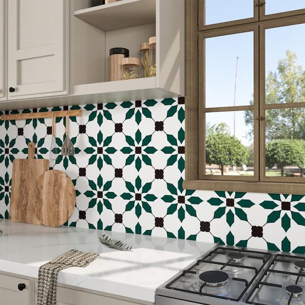 Vinyl Peel and Stick Backsplash Tile, Wall Tile for Kitchen and Bathroom, Dark Green (7.87" x 7.87" x 0.03", 10-Pack)