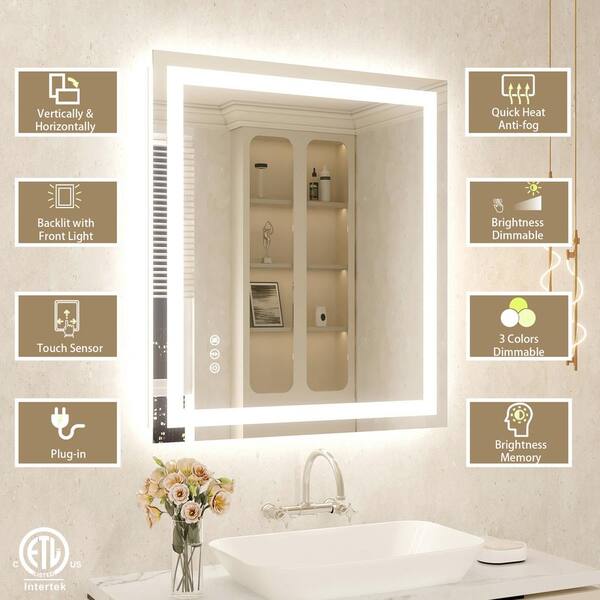FTOTI 28x36 Inch LED Bathroom Mirror With Lights,Wall Mounted Lighted Vanity Mirrors With Non-Rusting Gold Metal Frame Anti-Fog Memory Funtion Stepless Dimmable For Bathroom Decor(Horizontal&Vertical