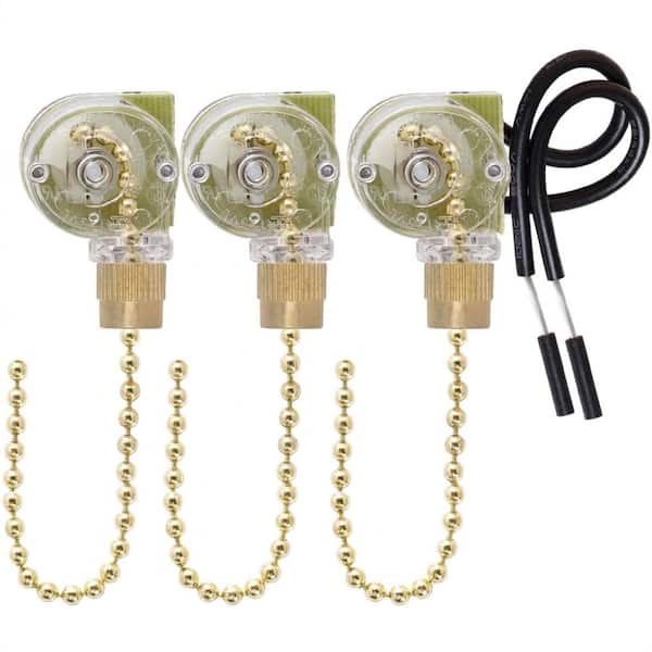 3-Pack Zing Ear ZE-109 Two-Wire Pull Chain On/Off Switch for Ceiling Fans and Lamps, Brass, 3 Pack