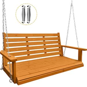 4.5 ft Wooden Porch Swing with Ergonomic Seat, Hanging Chains, and 7mm Springs, Heavy Duty 800 LBS, Amber Tone