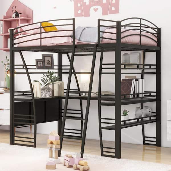 Harper & Bright Designs Black Full Size Metal Loft Bed with 4-Tier Shelves, Wood L-Shaped Desk, Sockets, USB Ports and Wireless Charging