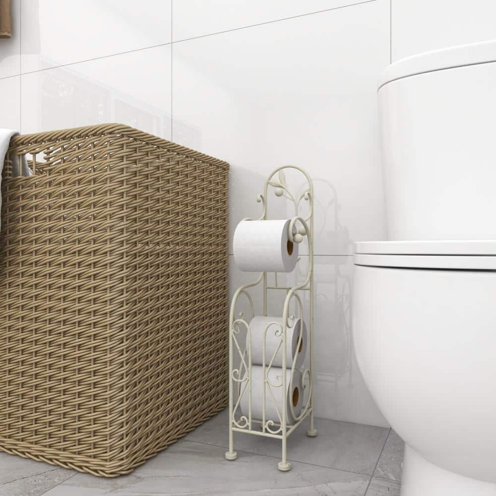 Ivory White Metal Freestanding Toilet Paper Holder with Scroll Design