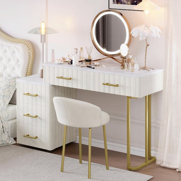 Harper & Bright Designs 2-Piece Beige Velvet Upholstered Makeup Vanity Set with 5 Drawers, Marble-Look Sticker Top, Padded Chair (No Mirror)