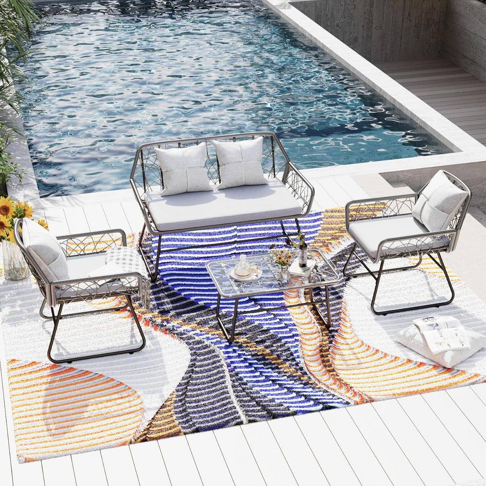 4-Piece PE Rattan Wicker Patio Furniture Wicker Outdoor Bistro Set with Gra