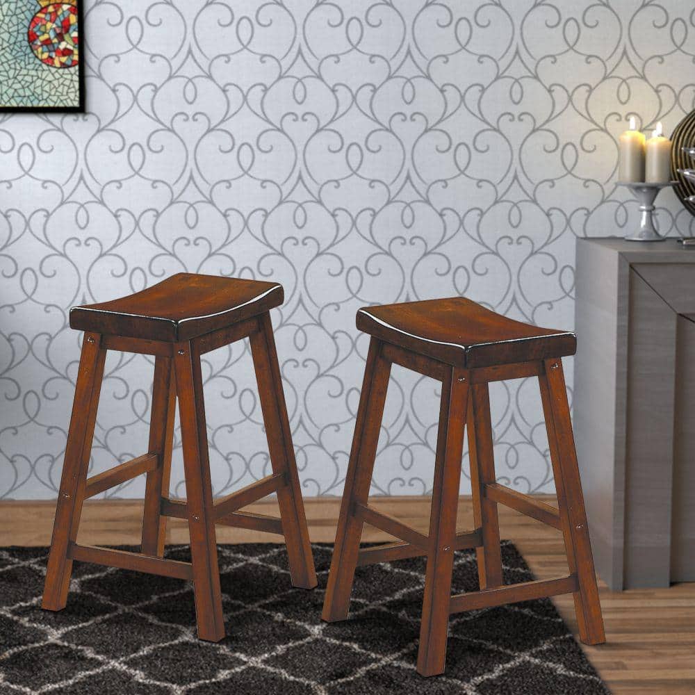 24" Brown Solid Wood Backless Saddle Counter Stool