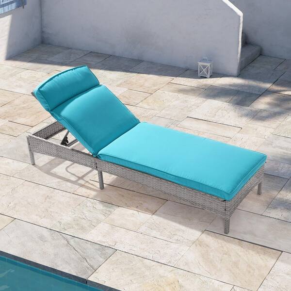 Patio Lounge Sofa Grey PE Wicker Adjustable Angles Suitable for Backyard, Patio and Porch with Lake Blue Cushion