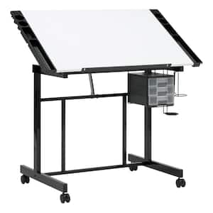 Deluxe 41 Wide Craft Station Black / White Mobile Drawing / Writing Desk with Adjustable Top and Storage