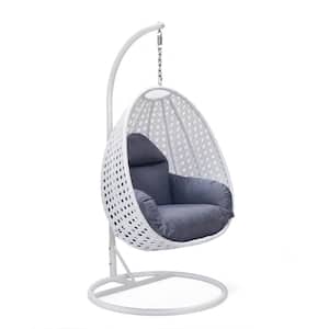 White Wicker Indoor Outdoor Hanging Egg Swing Chair For Bedroom and Patio with Stand and Cushion in Charcoal Blue