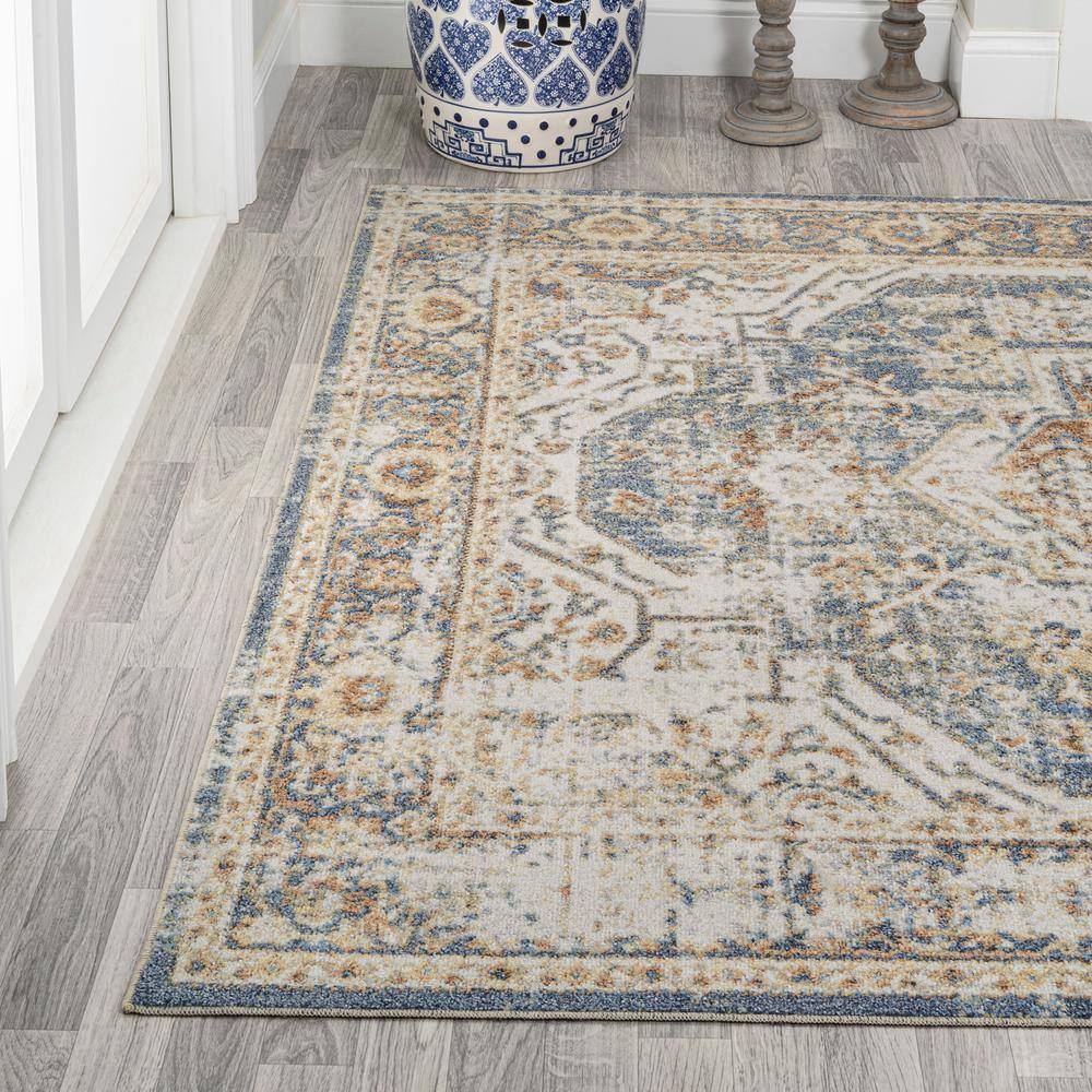 Blue and Cream Medallion Washable Synthetic Area Rug