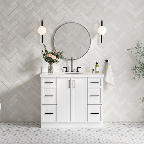 ARIEL Kelly 43 in. W x 22 in. D x 36 in. H Single Bath Vanity in White with Pure White Quartz Top