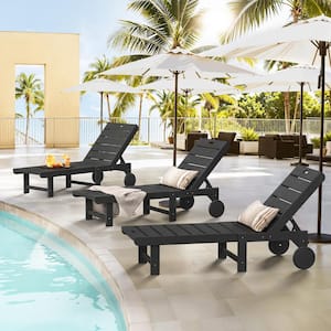 Heli Recycled Black HDPS Patio Lounge Chair Plastic Stackable Outdoor Chaise Lounge Chair with Wheel Set of 3