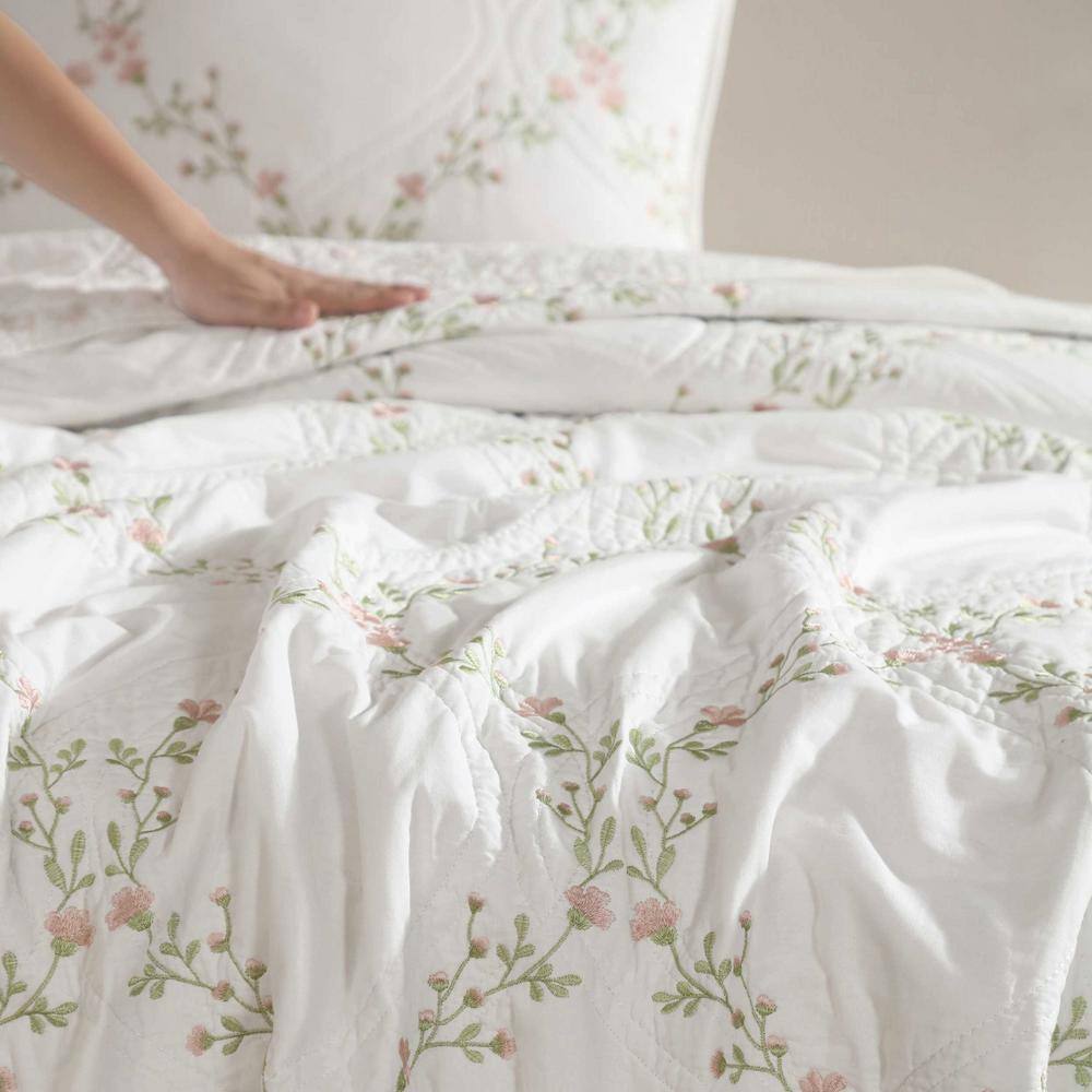 Pink Floral Embroidered Cotton Twin Quilt Set