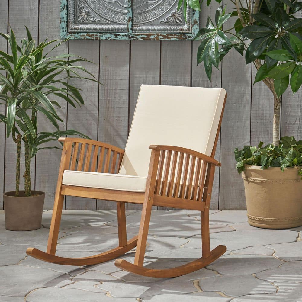 Acacia Wood Outdoor Rocking Chair with Beige Cushions, Suitable for Patio, 