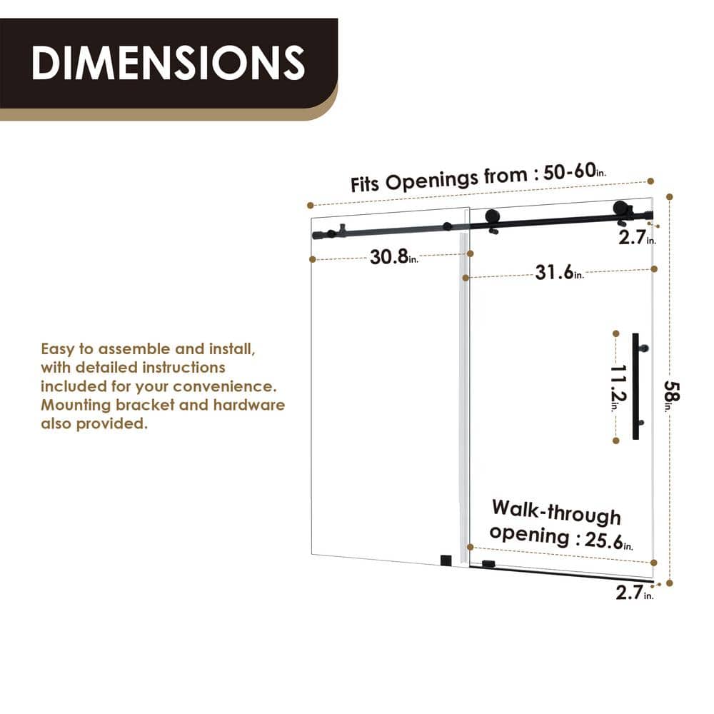 Matte Black Frameless Sliding Tub Door with Clear Glass