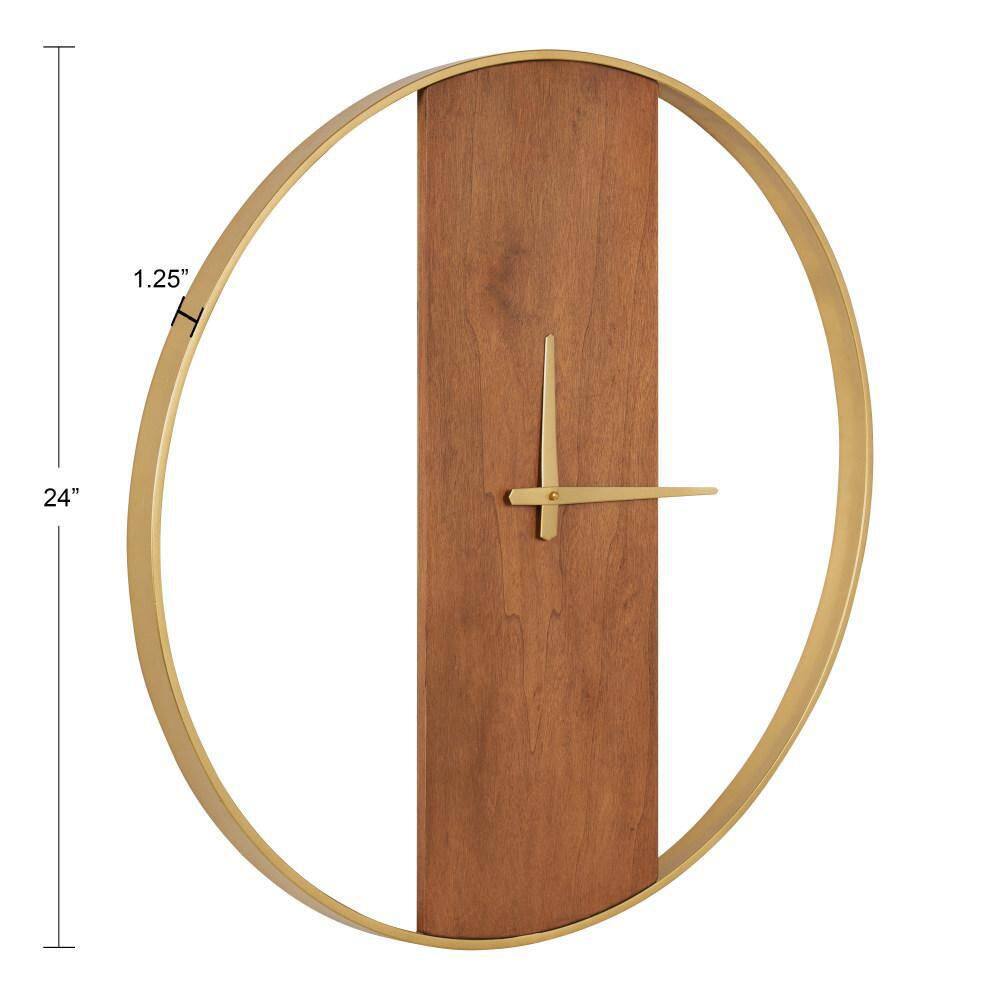 24" Walnut Brown and Gold Metal Round Wall Clock